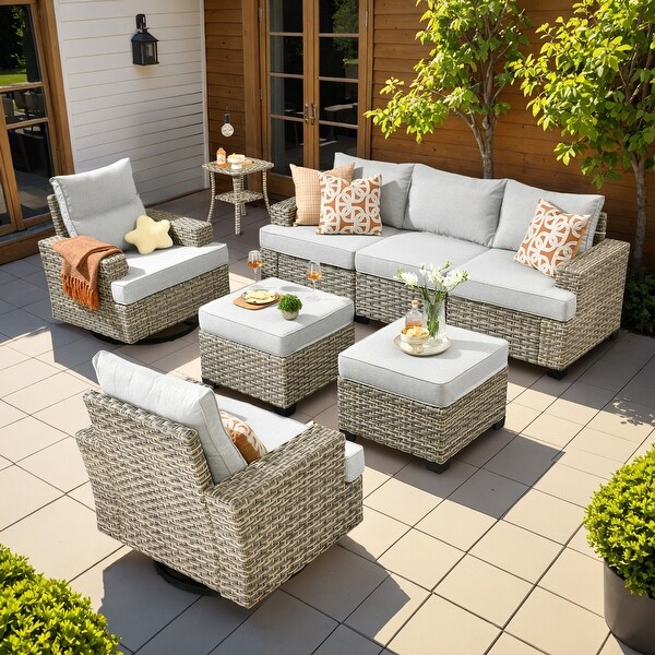 OVIOS 8 Pieces T shaped Seat Wide Armrest Swivel Chair Set With Ottoman