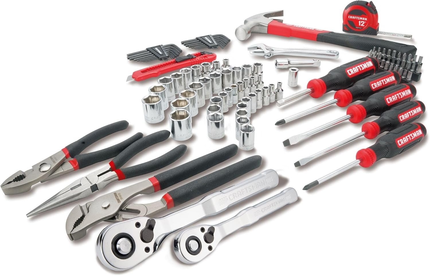 102-Piece Tool Kit for Home and Car, Durable Hand Tools Set with SAE and Metric Socket Set, Screwdrivers, Wrench, Hammer, Pliers, Knife, Hex Keys, Specialty Bits, Tape Measure