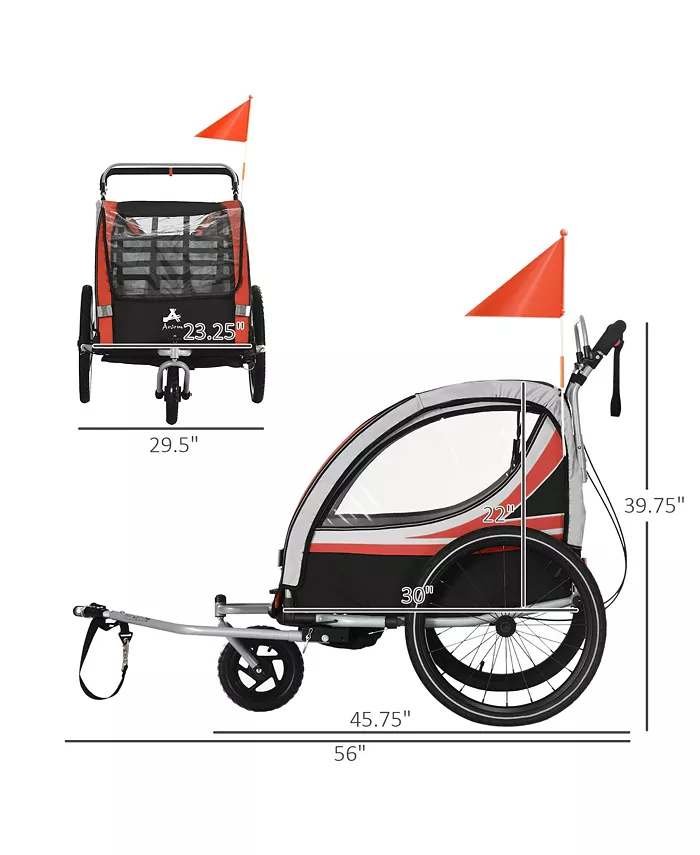 Aosom 2-in-1 Walk Ride Foldable Child Baby Bike Trailer for Kids 2 Seater, High-Visibility Bike Stroller for Toddler Wagon, Weather-Strong Double Bicycle Trailer Accessory for Kids, Red