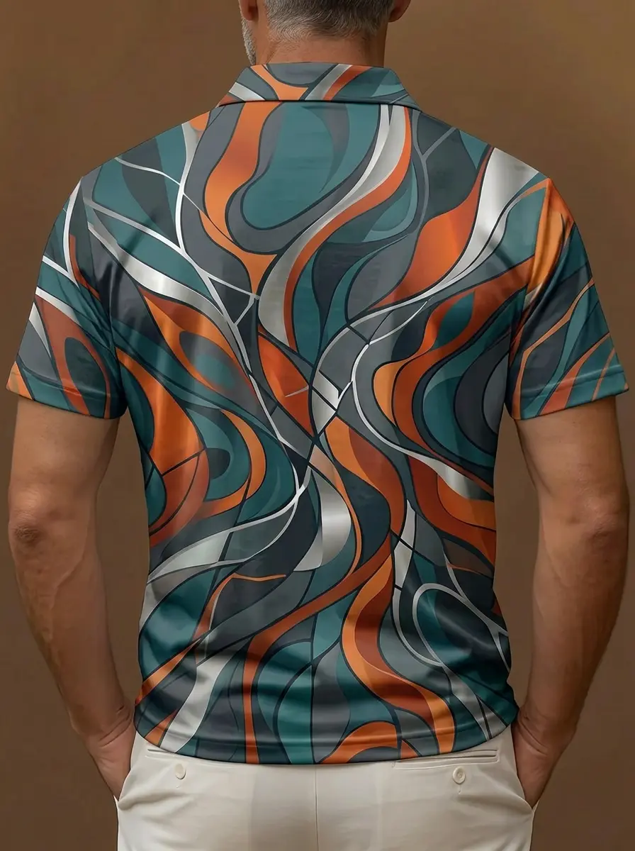 Teal Orange Silver Abstract Swirl Print Short Sleeve Golf Polo Shirt