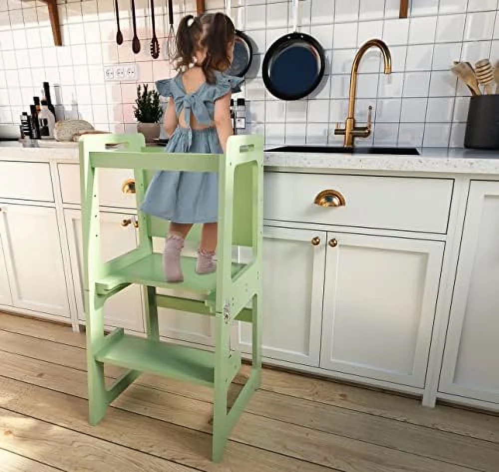 TJUNBOLIFE Date 4-in-1 Foldable Kitchen Tower - Toddler Step Stool with Chalkboard  Desk Table and Chair - Waldorf and Montessori Kitchen Stool - Kitchen Stool Tower for Toddlers 18 Month