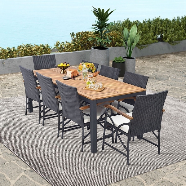 Costway 9 PCS Patio Rattan Dining Set with Acacia Wood Table,
