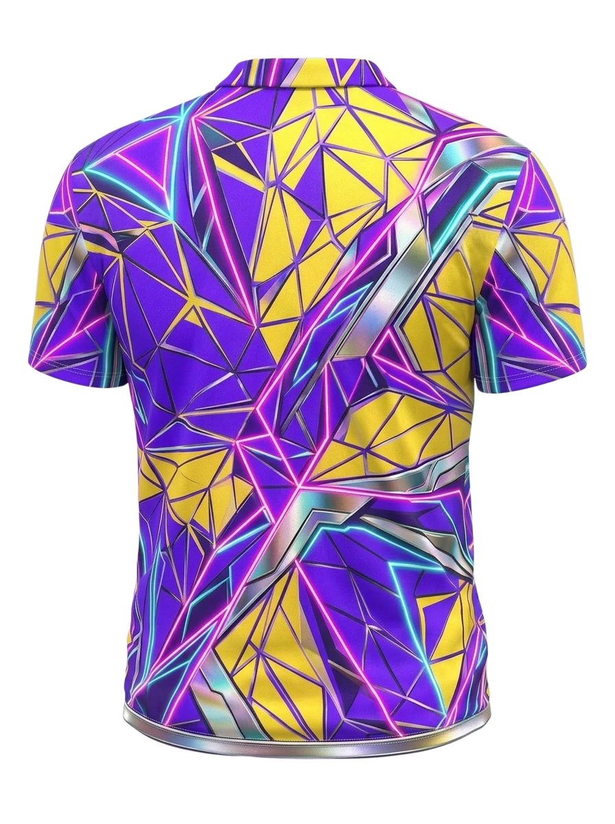 Moisture Wicking Golf Polo 3D Purple Yellow Geometric Neon Button Short Sleeve Golf Polo Shirt