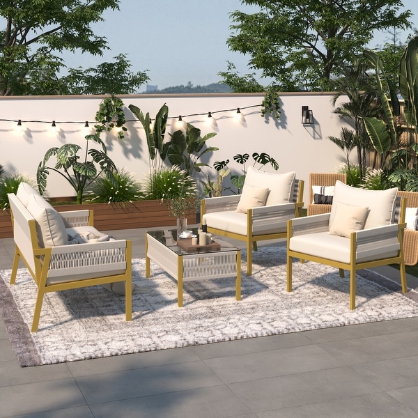 4Pcs Rope Patio Furniture Set,Outdoor Chairs Set with Tempered Glass Table,Patio Conversation Set for Backyard Porch Balcony