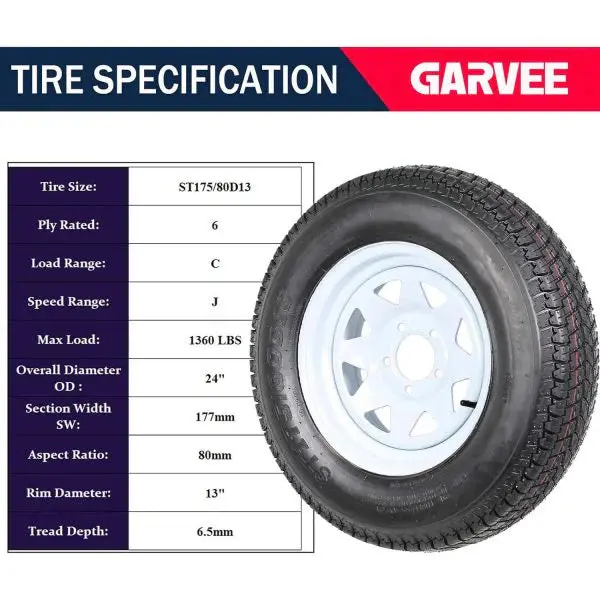 Set of Two 175/80-13 Trailer Tire & Wheel Assemblies — 5-Lug White Spoke Rims, Load Range C, 6PR Construction