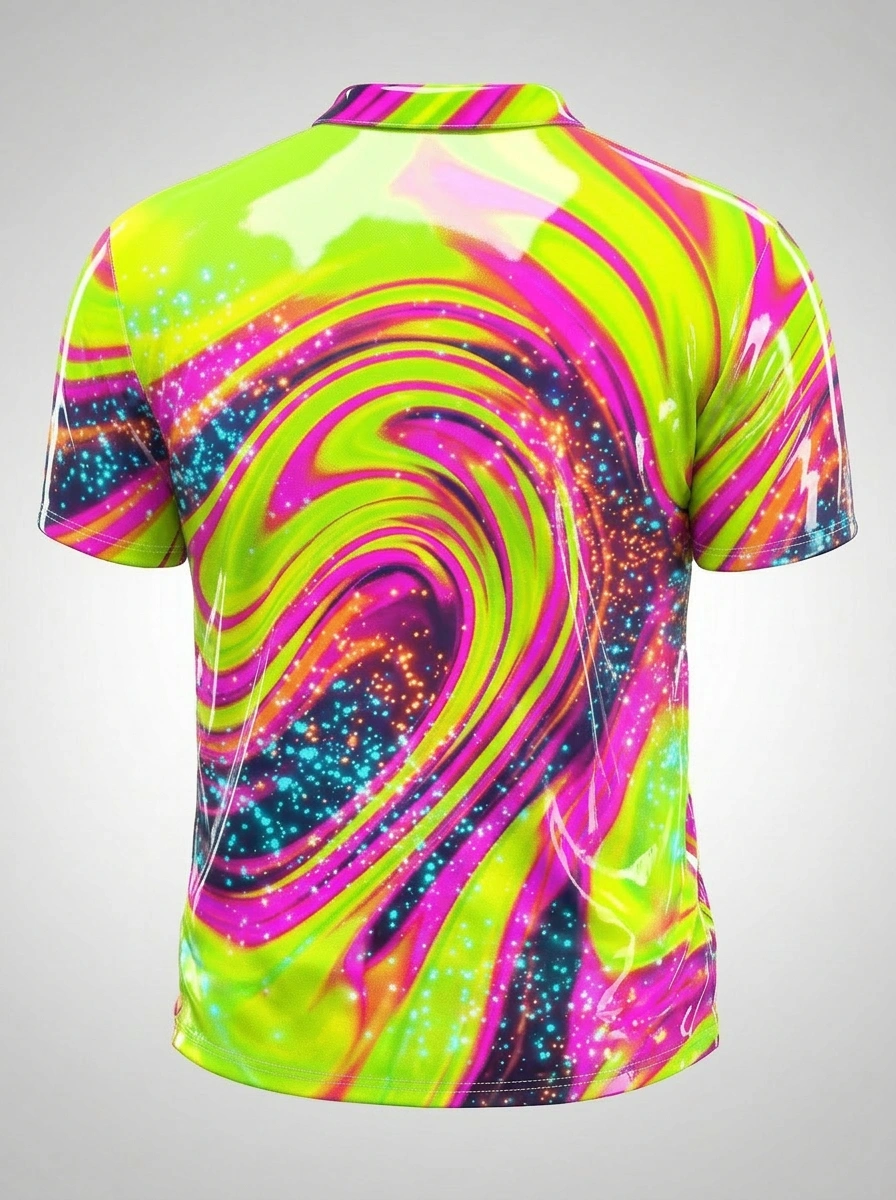 Moisture Wicking Golf Polo 3D Neon Green Pink Swirl Button Short Sleeve Golf Polo Shirt