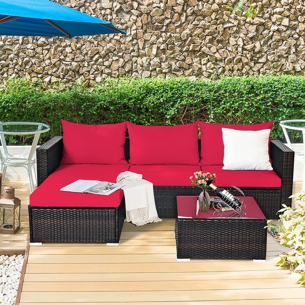 5PCS Patio Rattan Furniture Set Sectional Conversation Sofa w/ Coffee