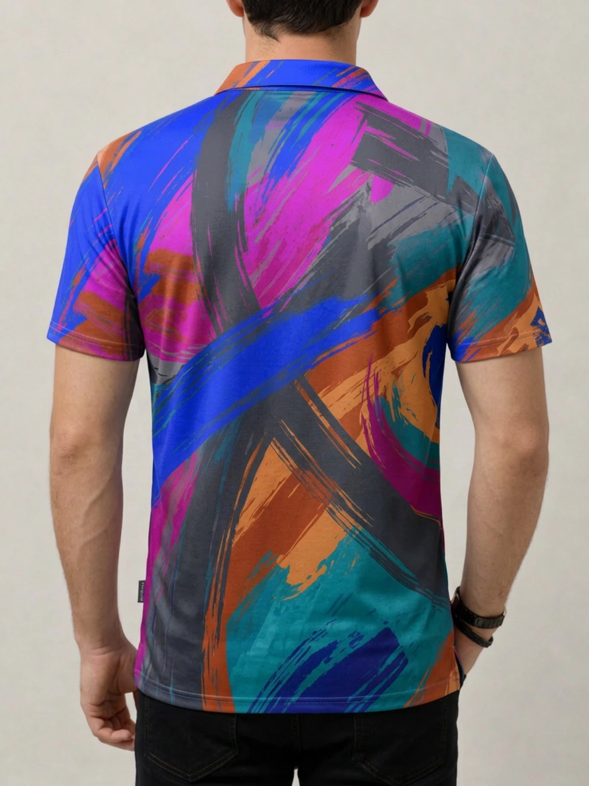 Multicolor Brushstroke Abstract Print Short Sleeve Golf Polo Shirt