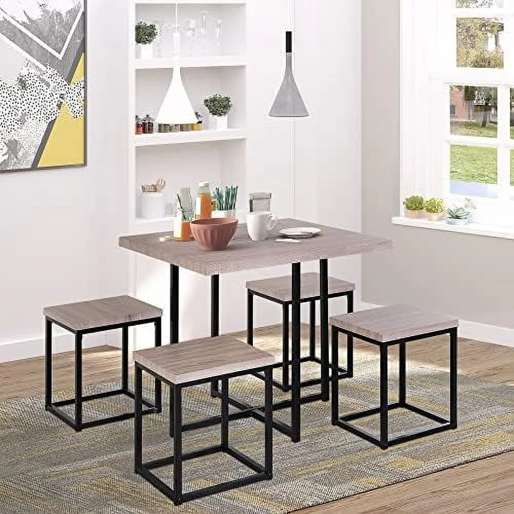 TJUNBOLIFE 5 Piece Dining Table Set for 4  Square Kitchen Table and Chairs  Dining Room Set for Small Space  Breakfast Nook  Walnut Wood Color