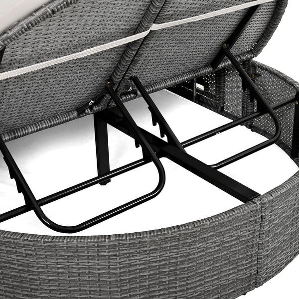 2Person Rattan Garden Reclining Chaise Lounge Daybed with Cup Trays