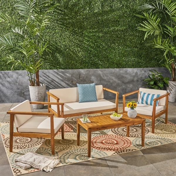 Newbury Outdoor 4Seater Acacia Wood Chat Set with Coffee Table by Christopher Knight Home