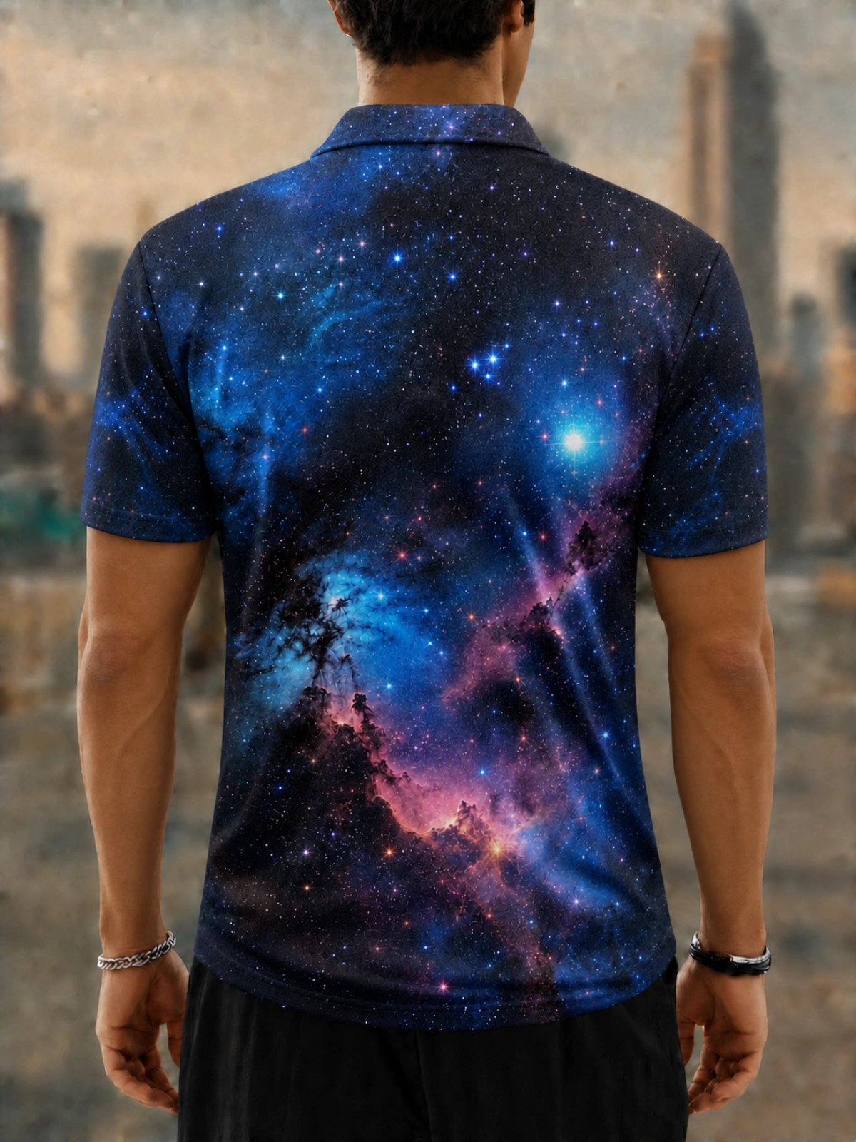 Moisture Wicking Golf Polo 3D Deep Blue Purple Galaxy Nebula Star Button Short Sleeve Golf Polo Shirt