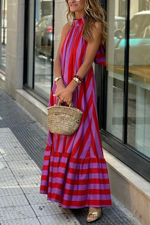 Striped Halter Open Back Maxi DressClistos