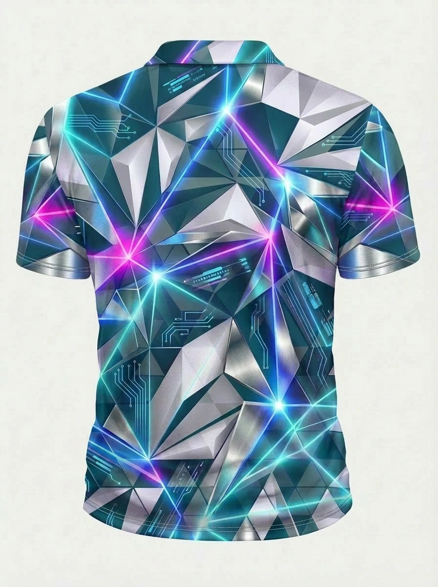 Moisture Wicking Golf Polo 3D Multicolor Neon Geometric Button Short Sleeve Golf Polo Shirt