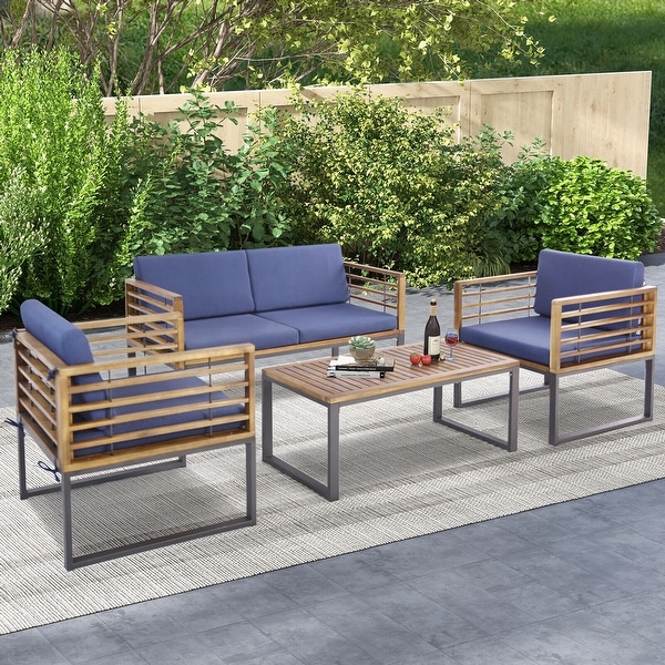 Gymax 4PCS Acacia Wood Patio Conversation Set Outdoor Furniture Set w/