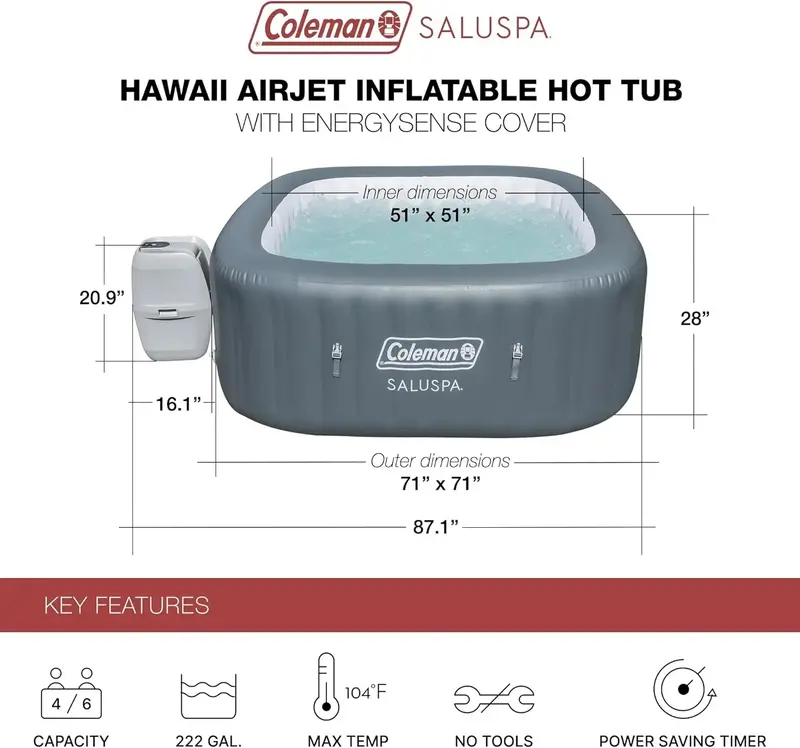 Square Portable Inflatable Hot Tub – 4–6 Person Capacity, 114 Air Jets, Insulated Cover, Gray Finish