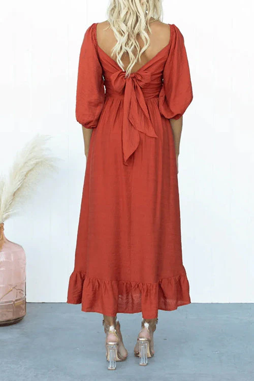 Puff Sleeve Square Neck Midi Dress with Bow BackClistos