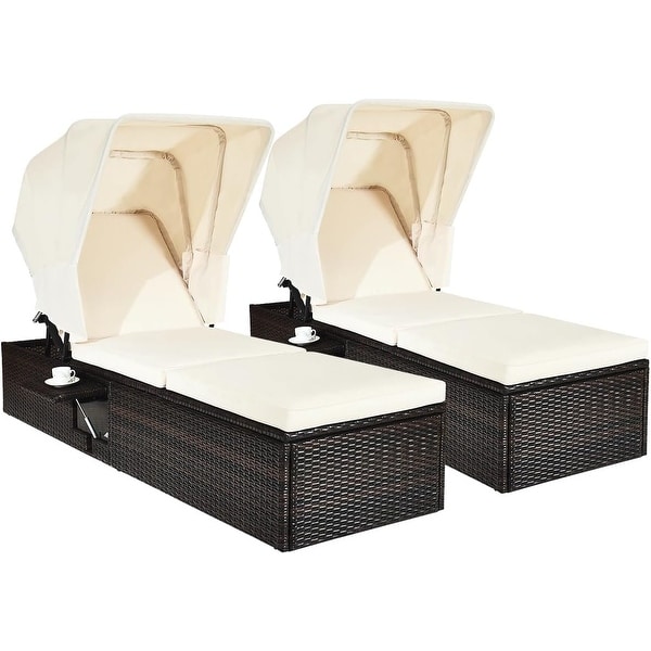 Gymax 2pcs Rattan Lounge Cushioned Chair W/Adjustable Canopy Patio