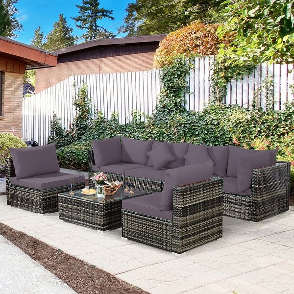 7PCS Patio Rattan Furniture Set Sectional Sofa Garden Cushion