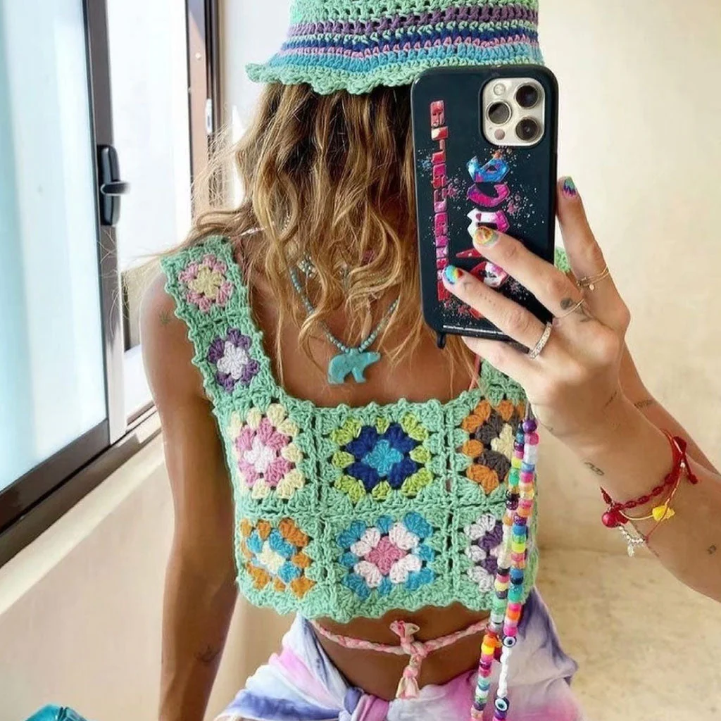 Crochet Floral Square Neck Tank TopClistos
