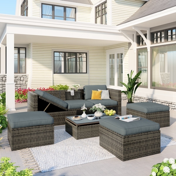 5Piece PE Wicker Sofa Set with Adjustable Backrest,Ottomans,and Lift Top Table