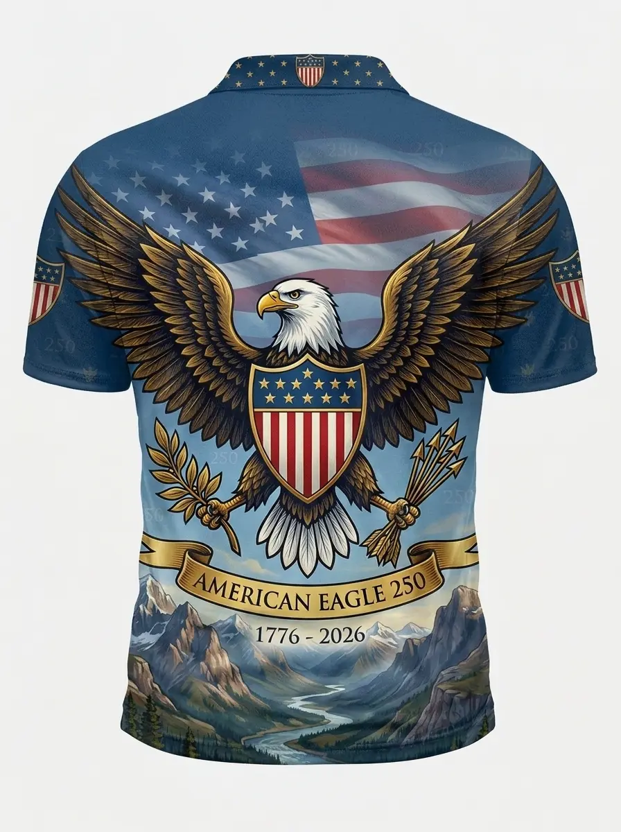 Moisture Wicking Golf Polo 3D American Eagle 250 Mountain Flag Button Short Sleeve Golf Polo Shirt