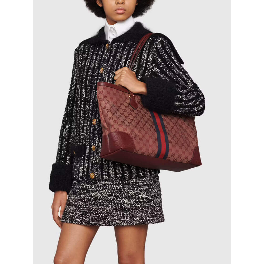 Gucci Ophidia Medium Tote With Web in Burgundy GG Canvas