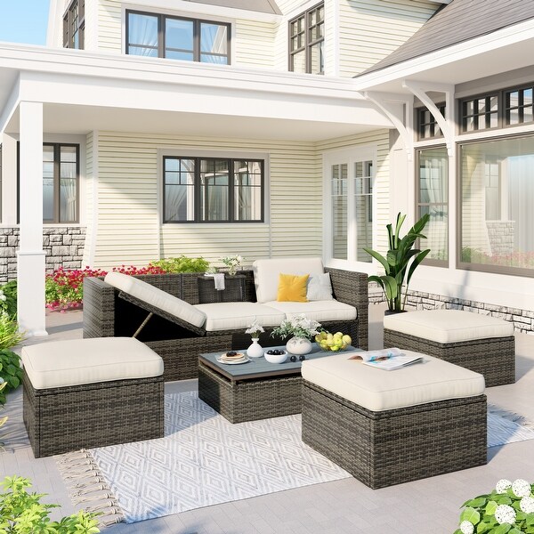Roomfitters Patio Furniture Set,5Piece Wicker Sofa with Adjustable Backrest,Cushions,Ottomans,LiftTop Coffee Table