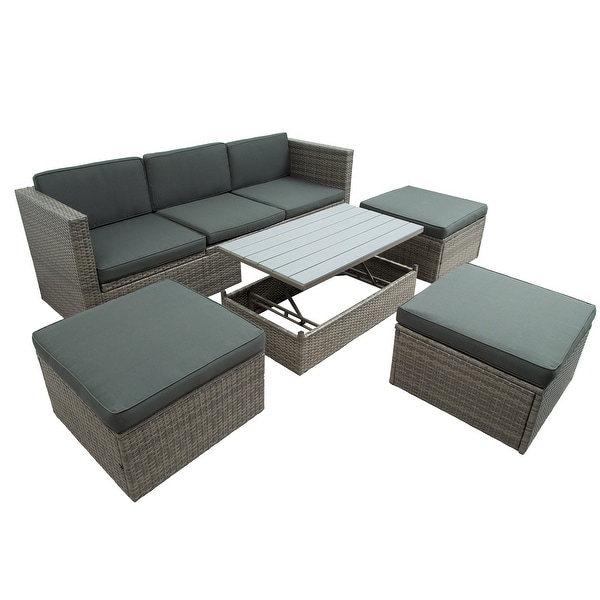 5Piece PE Wicker Sofa Set with Adjustable Backrest,Ottomans,and Lift Top Table