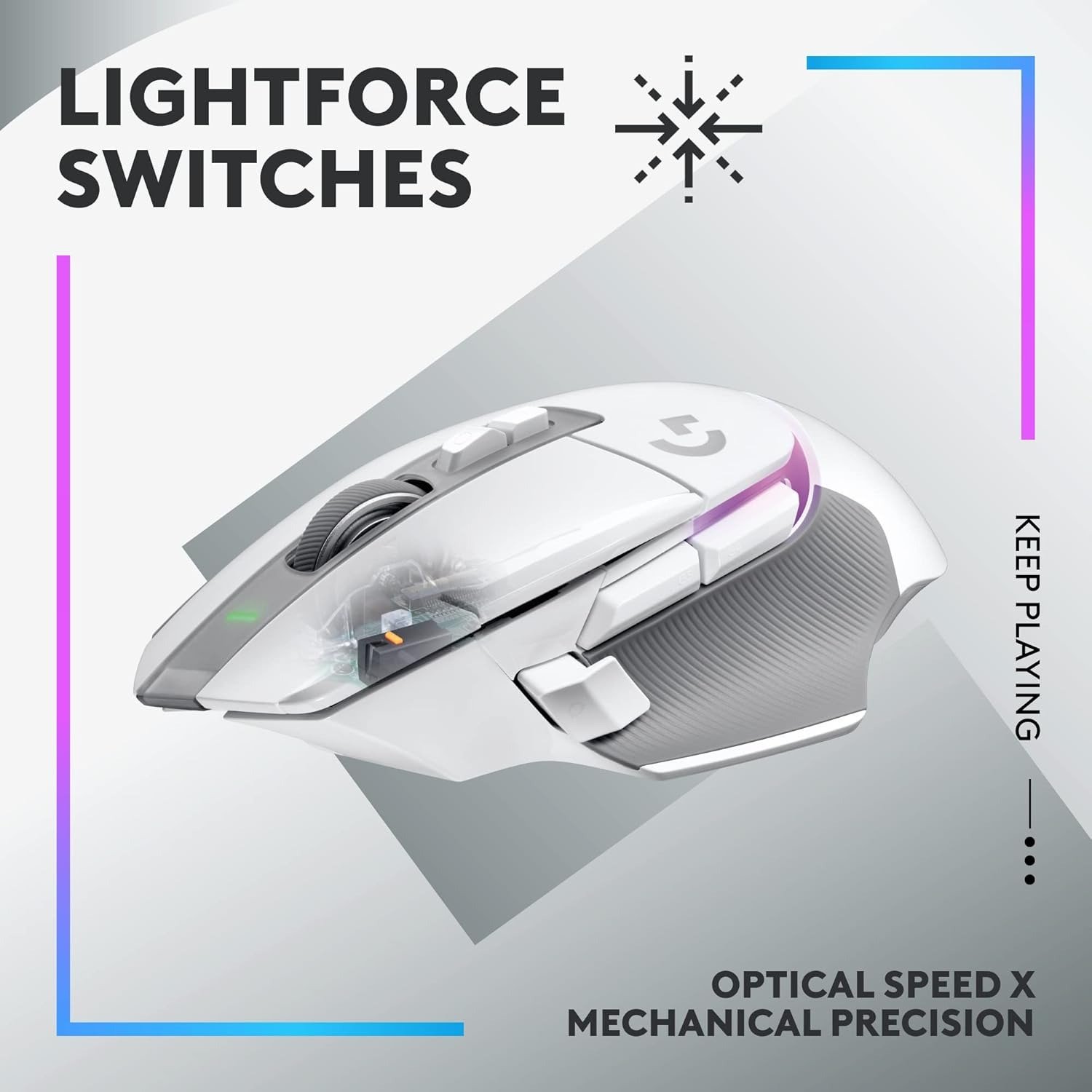 Wireless Gaming Mouse: Optical Switches, LIGHTSYNC RGB, 13 Buttons, Infinite Scroll Toggle, <130 hr Battery Life, USB-C, PowerPlay Wireless Charging Capable, for PC/MacOS - White