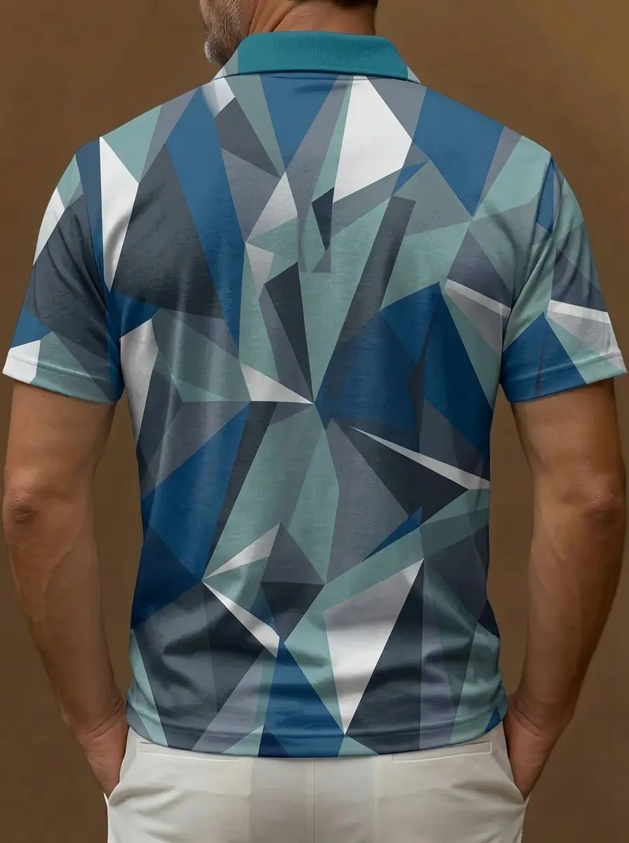Blue Grey Teal Polygonal Geometric Print Short Sleeve Golf Polo Shirt