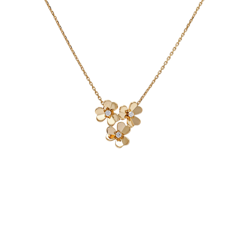 Van Cleef & Arpels Frivole 3 Flower Necklace 18K Yellow Gold Diamond VCARP2DU00