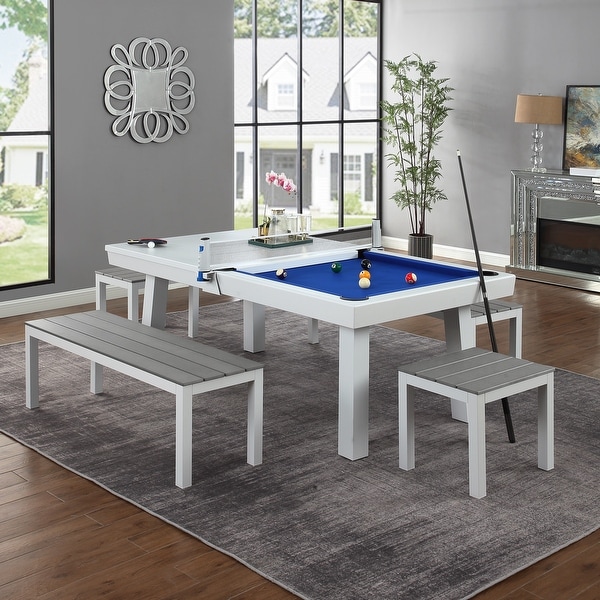 Newport Outdoor Patio 8ft Slate Pool Table 6Seater Dining Set with 4 Benches and Accessories,White Finish