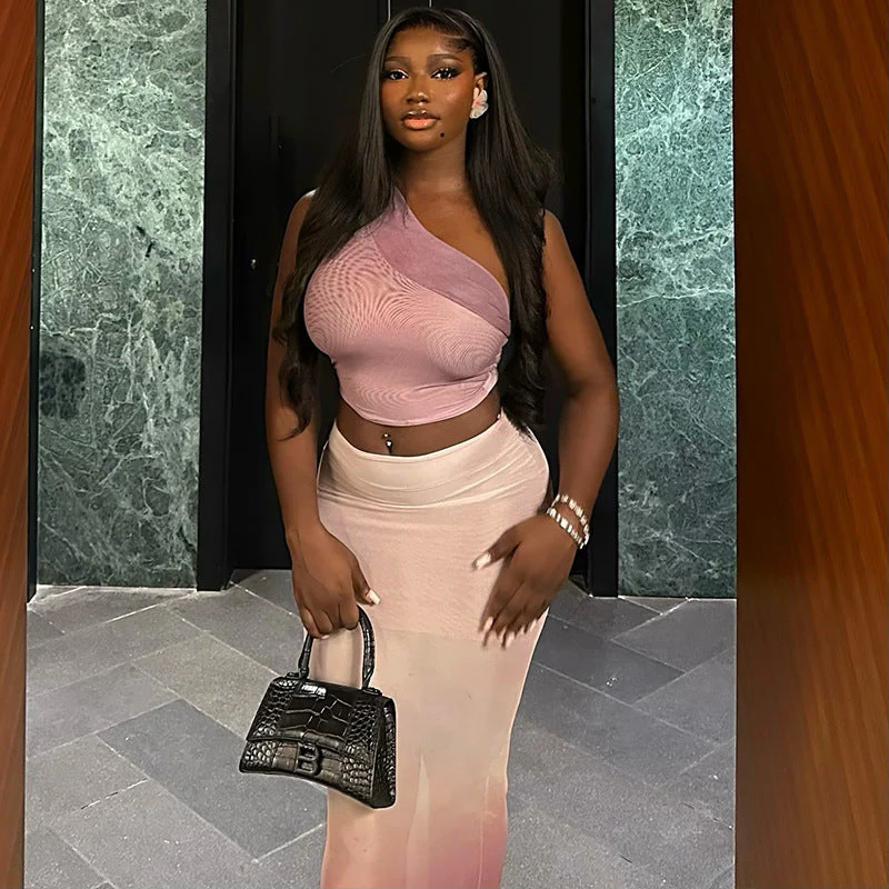 One Shoulder Sheer Maxi Dress SetClistos