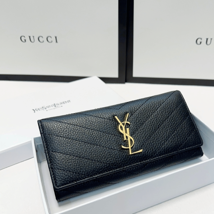 Saint Laurent Envelope Long Wallet Black Grain De Poudre 7.5 Inches