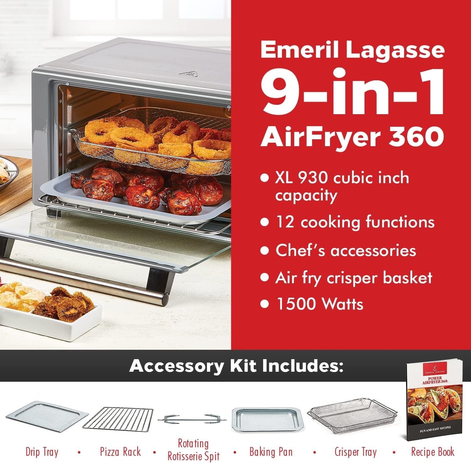 9-in-1 Air Fryer Convection Oven, 360° Quick Cook Technology, 12 Cooking Presets, Stainless Steel, 1500W