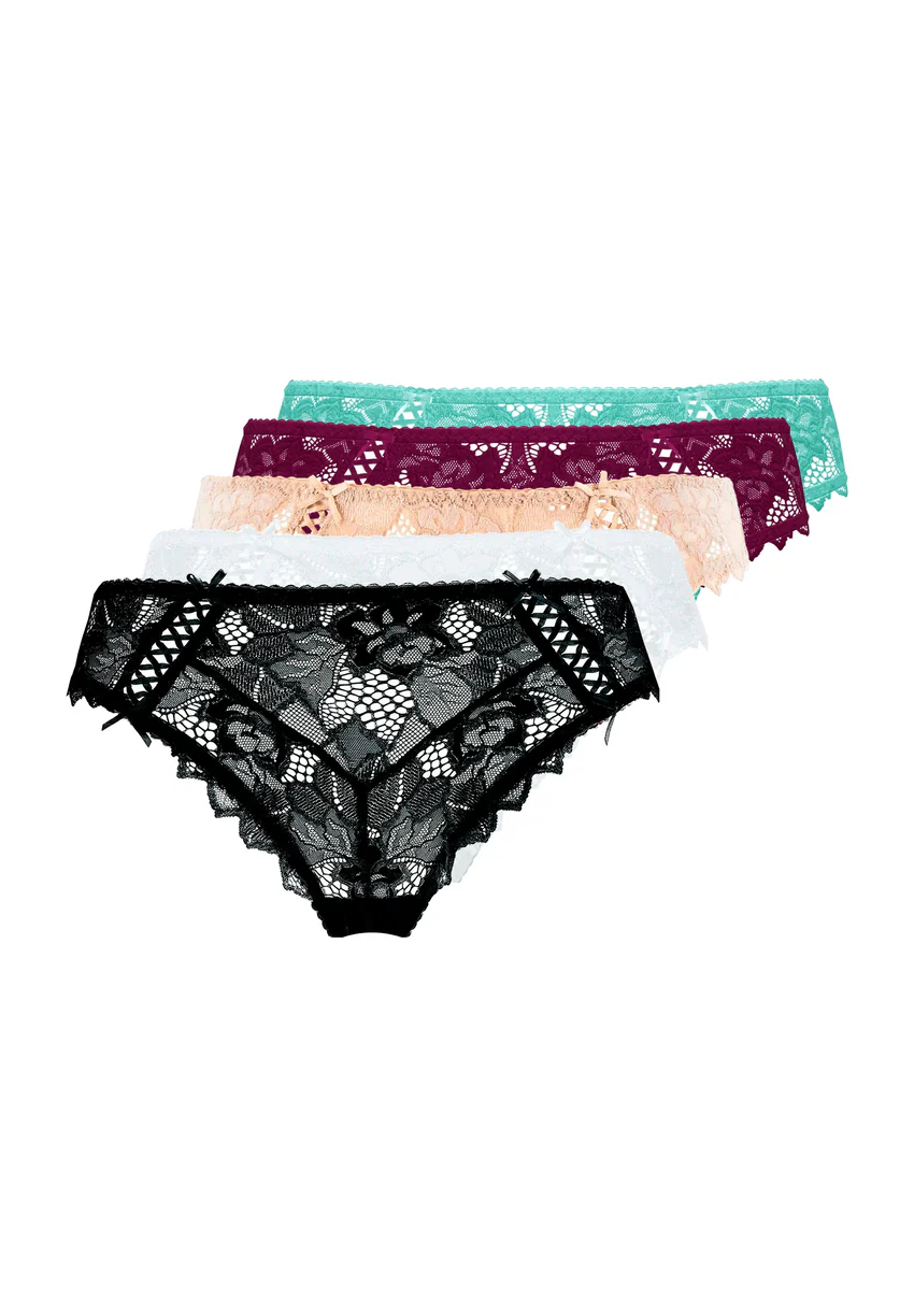 Lot de 5 slips Arum Noir, Blanc, Skin, Magenta Pourpre et Vert Aquifère