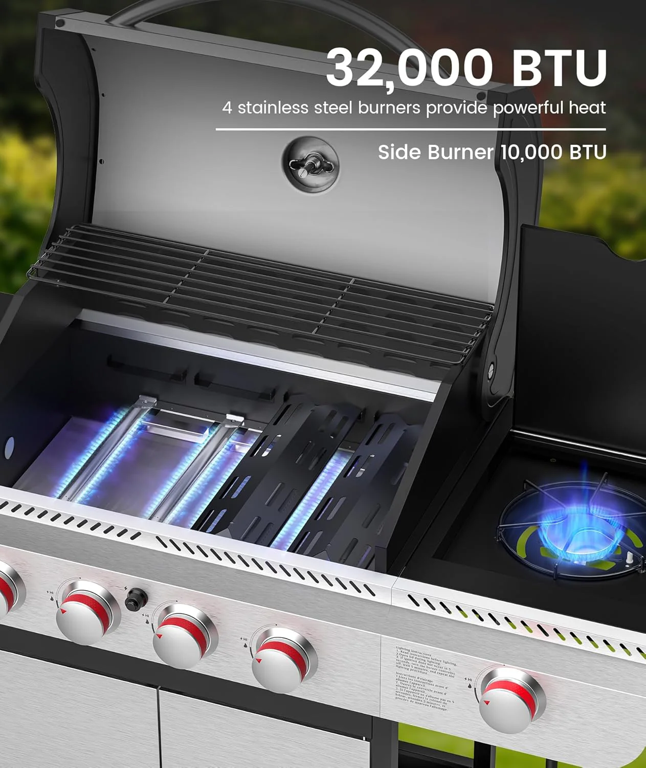 4-Burner Propane Gas Grill with Porcelain-Enameled Cast Iron Grates and Side Burne G0141A