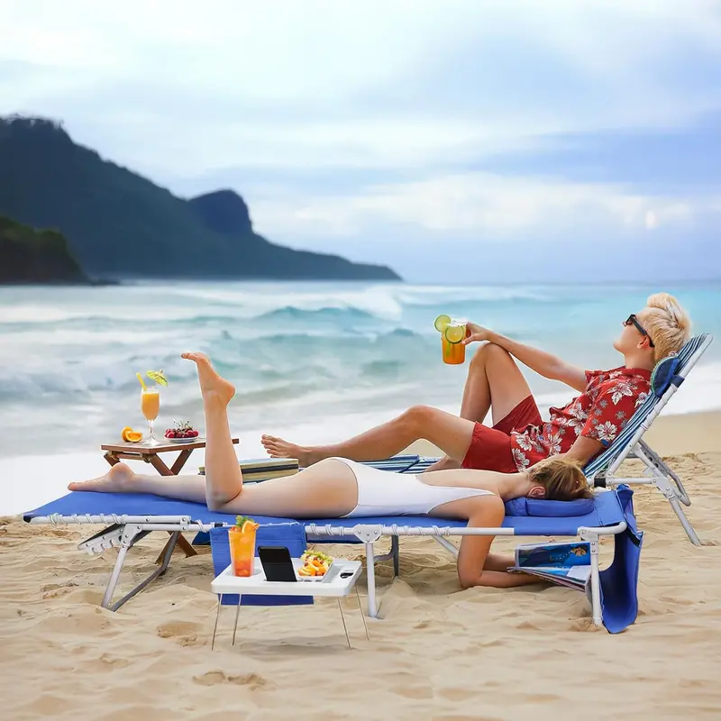 Triple-Function Outdoor Lounge Chair – 5-Position Reclining Chaise with Face Hole, Foldable Side Table, and Removable Pillow