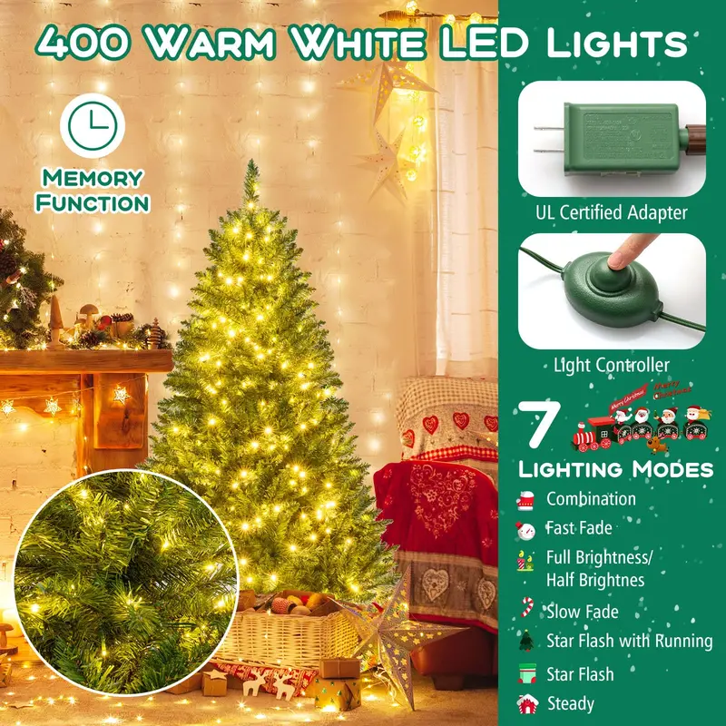 Pre-Lit Artificial Christmas Tree – 7 Light Modes & Collapsible Metal Stand Included
