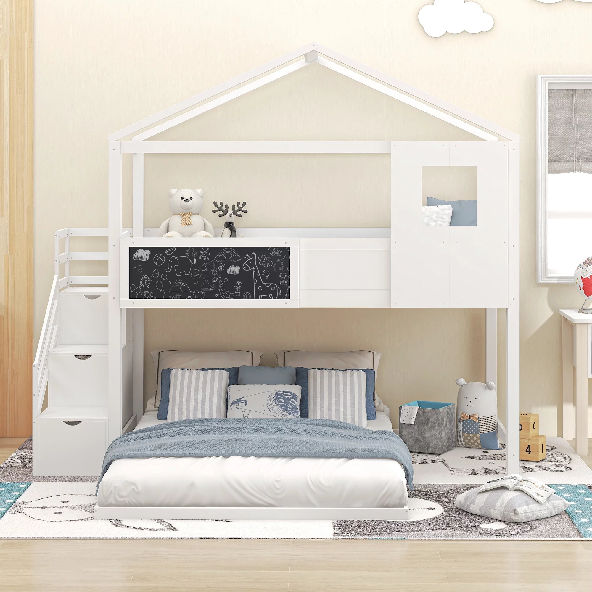 SYNGAR House Bunk Beds for Kids, Solid Wood Twin over Full Bunk Bed with Storage Staircase and Blackboard, Space Saving Low Bunk Bed Frame for Bedroom, No Box Spring Needed, White, D8718