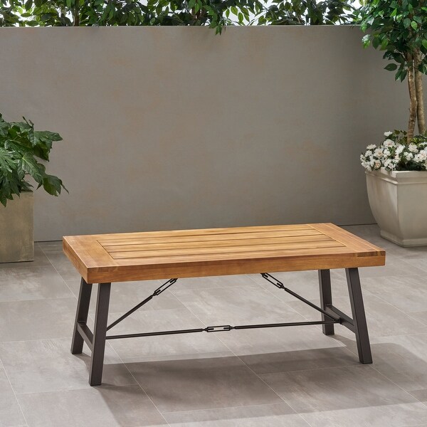 Outdoor Acacia Wood Coffee Table,Teak Finish / Rustic Metal Brown and Black,27.25