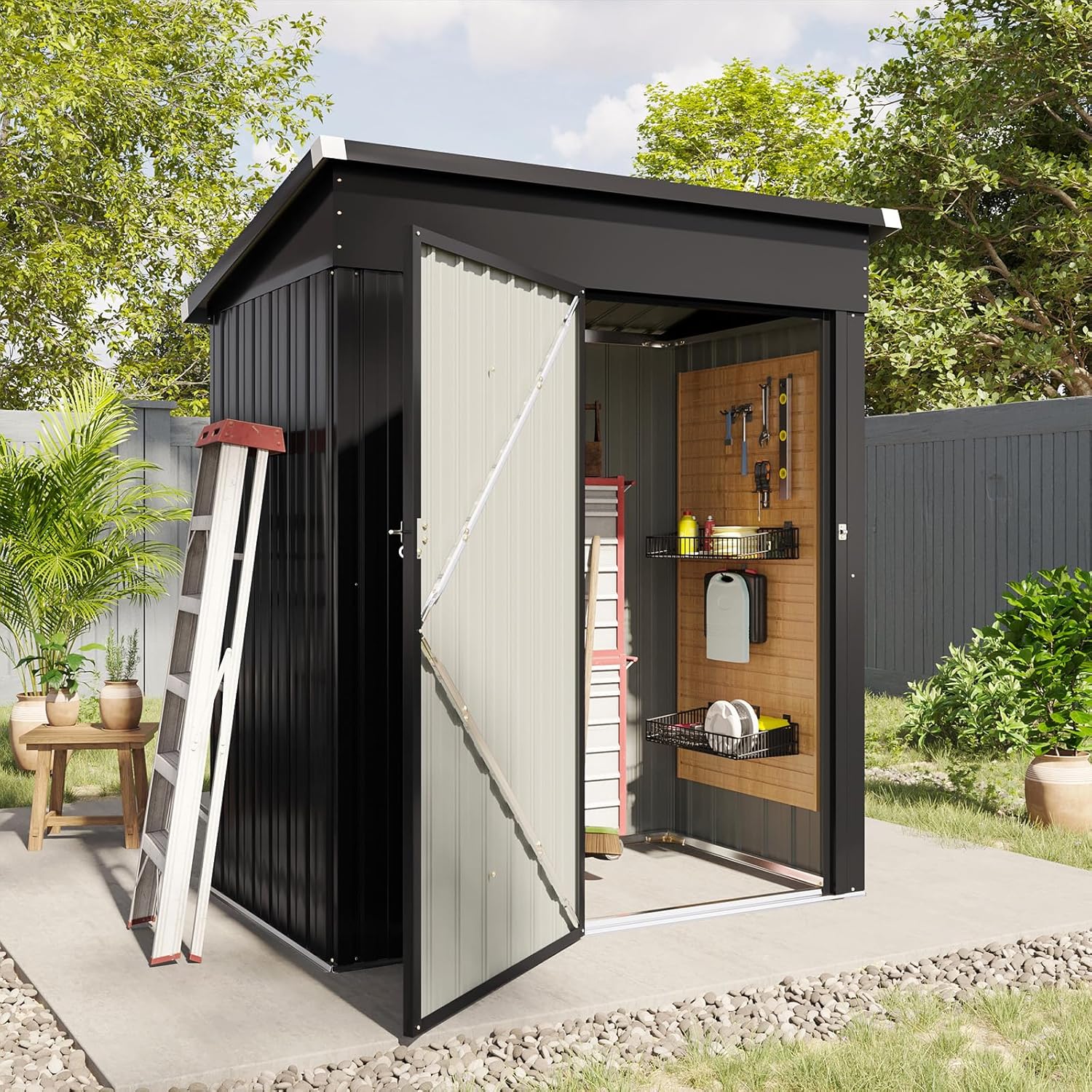 Aoxun 6.2x4 FT Shed Outdoor Storage Shed Metal Garden Shed with Lockable Doors & Slooping Roof Tool Shed Bike Shed for Backyard, Patio, Poolside (Brown)