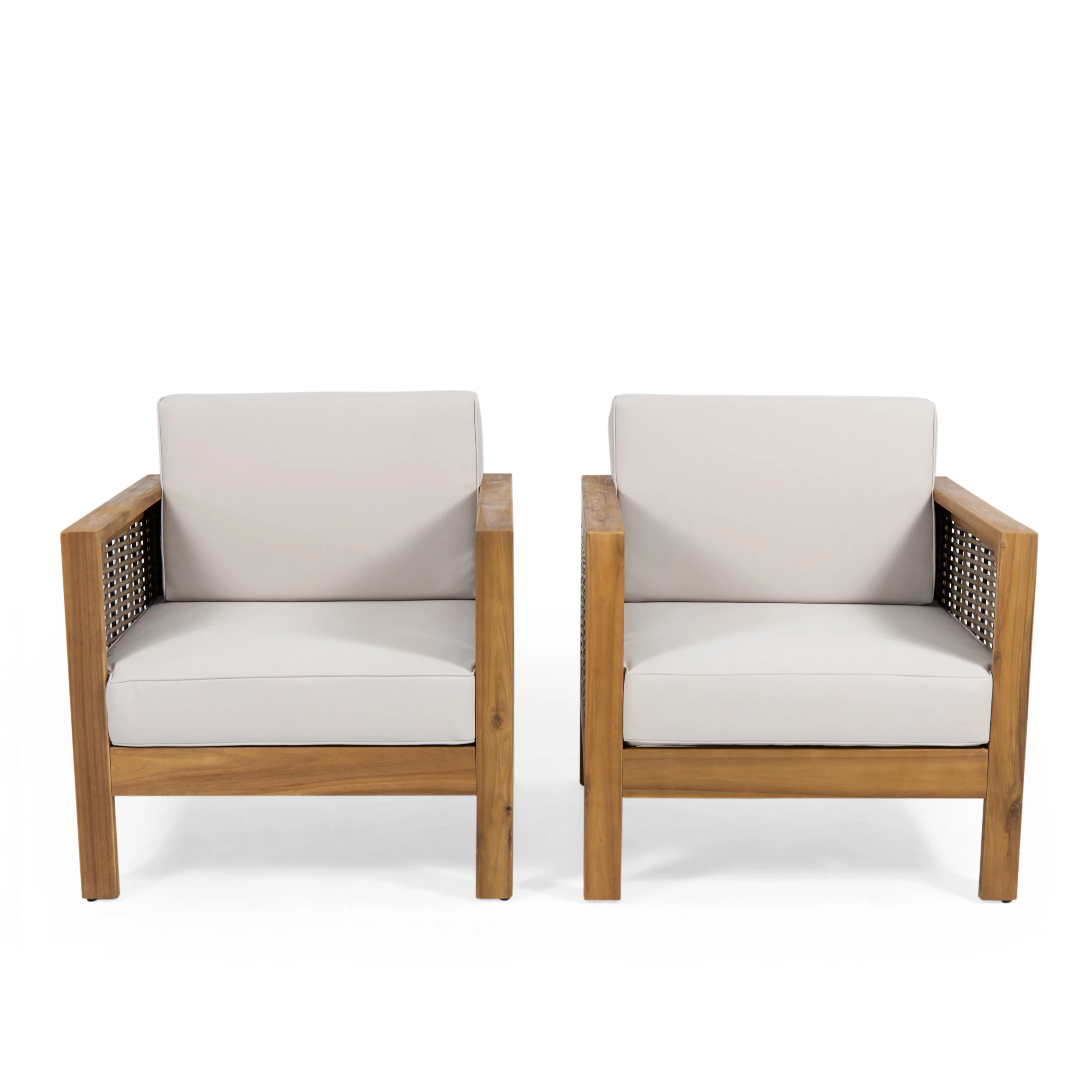 GDF Studio Taylor Outdoor Acacia Wood Club Chair with Wicker Accents, Set of 2, Teak, Mixed Brown, and Beige