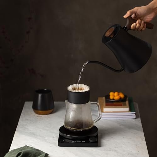 Electric Gooseneck Kettle – Pour-Over Coffee and Tea, Quick Heating, Precise Temperature Control, Scheduling, Built-in Brew Timer, Matte Black with Walnut Wood Handle, 0.9 Liter