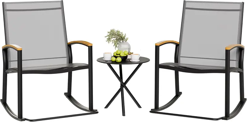 Shintenchi 3-Piece Rocking Bistro Set – Compact Textilene Patio Furniture with Table for Porch, Balcony or Poolside (Black)