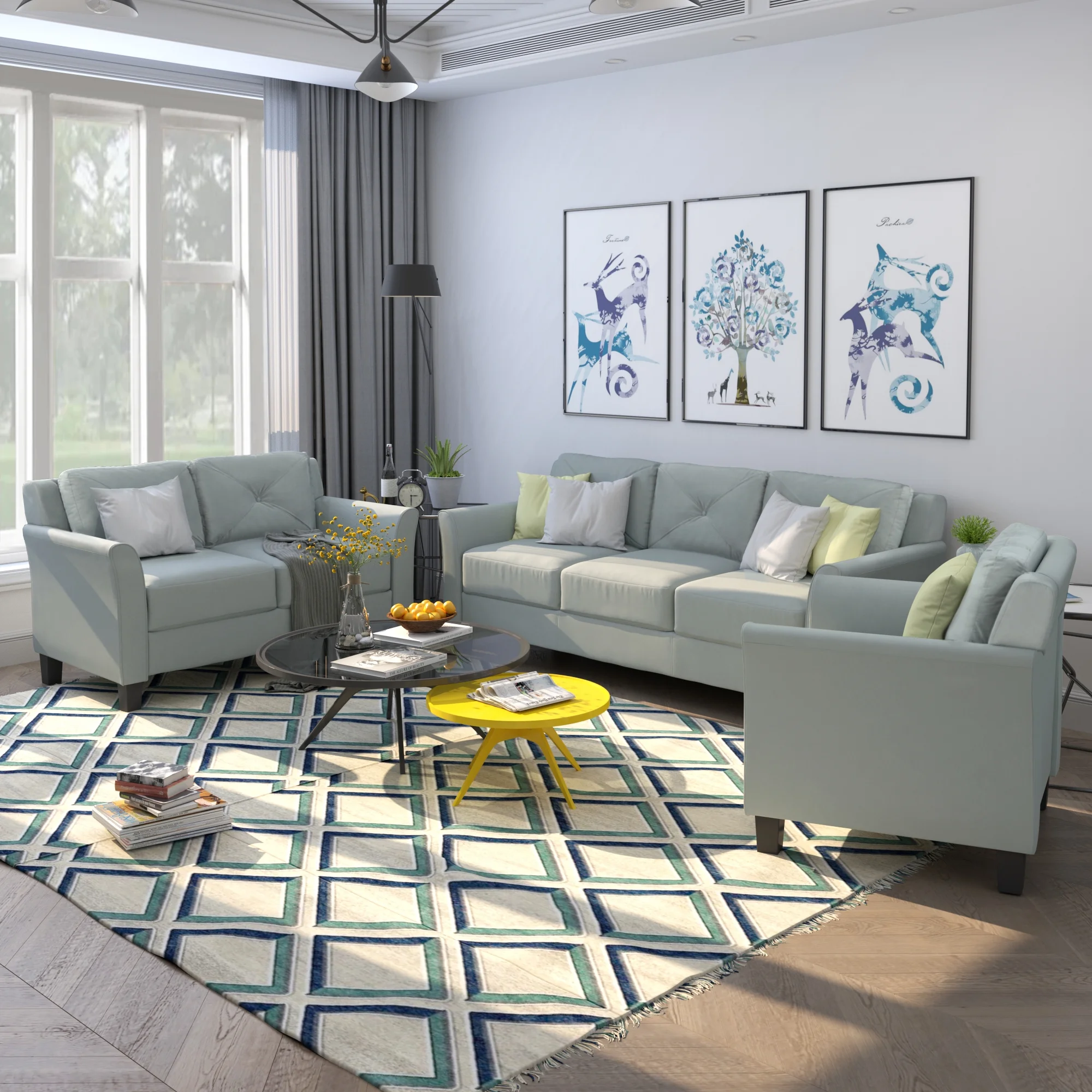 EUROCO Living Room Sectional Sofa Set Including 3-Seater, Loveseat Chair,Button Tufted 3 Piece Chair Loveseat Sofa Set ,1+2+3 Seat,Grey