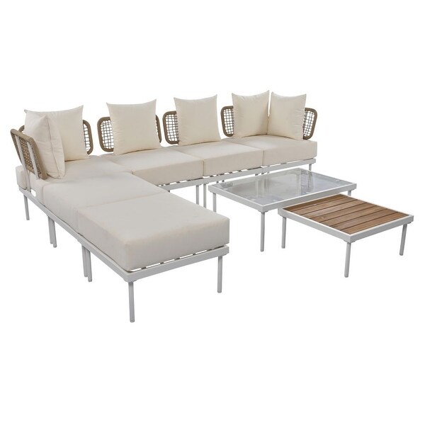 8Piece Patio Sectional Sofa Set with Tempered Glass Coffee Table and Wooden Coffee Table