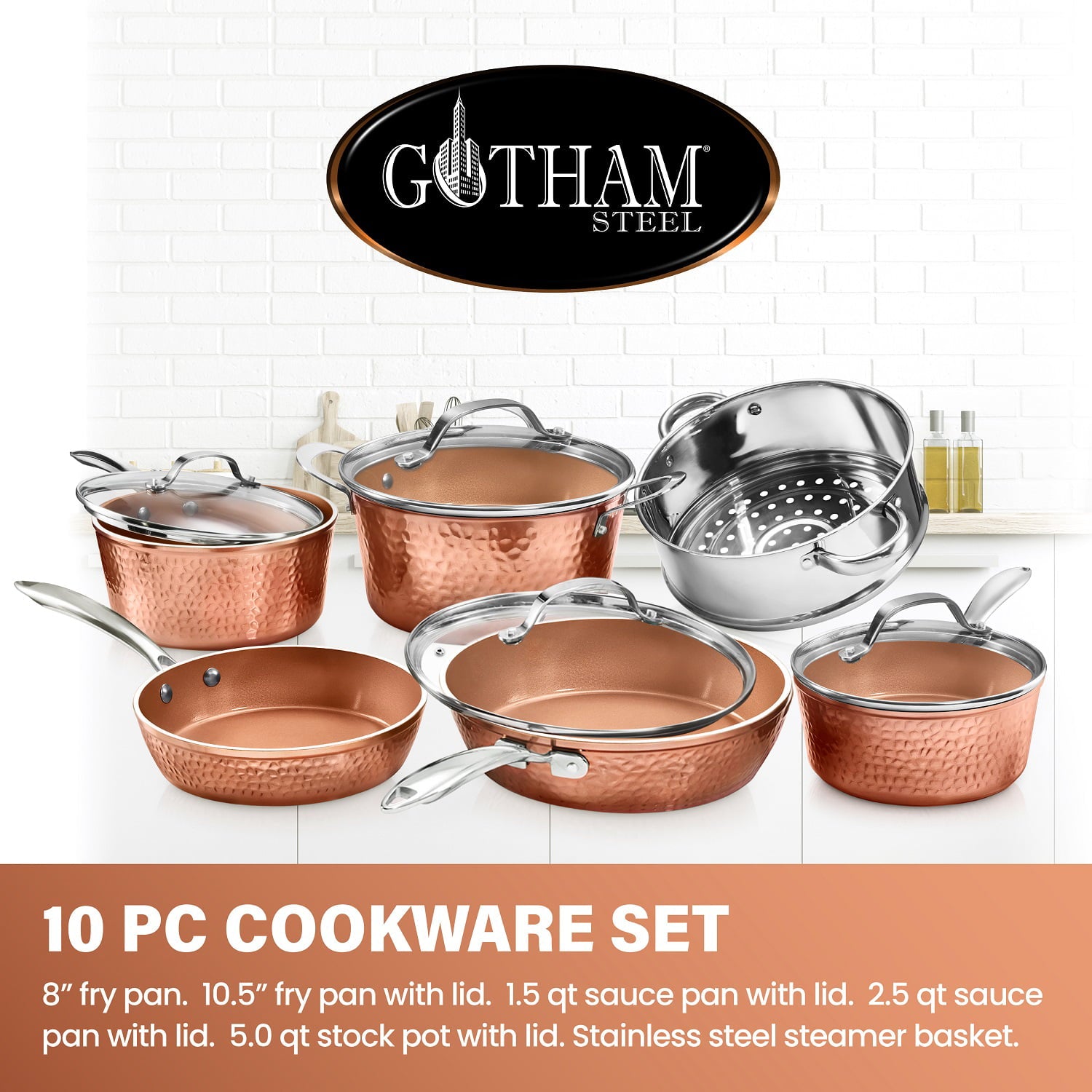 Gotham Steel Hammered 10 Piece Cookware Set, Oven Safe, Dishwasher Safe - Elegant Pots and Pans