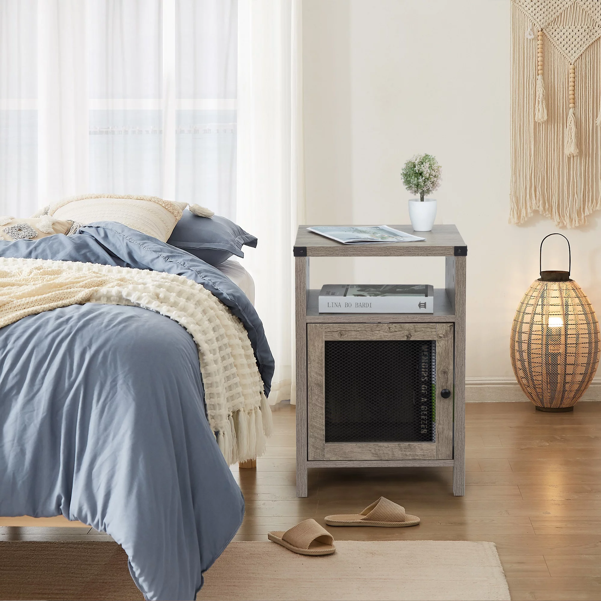 LANTRO JS Farmhouse Nightstand with Power Outlets, USB Ports, Side Table with Cabinet, Storage Shelf, End Table for Bedrooms, Living Rooms, Retro Gray